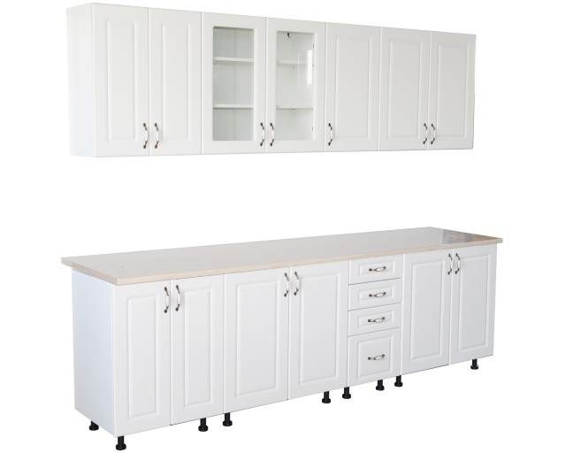 Bucatarie Zebra 260 cm din MDF Alb Lucios cu blat termoizolant imitatie Alb / Bej